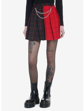 Red & Black Split Plaid Chains Pleated Skirt, , hi-res