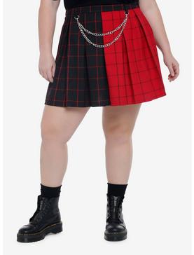 Red & Black Split Plaid Chains Pleated Skirt Plus Size, , hi-res