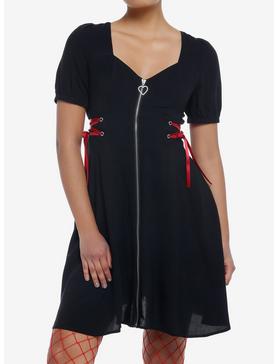 Black Front Zipper Lace-Up Dress, , hi-res