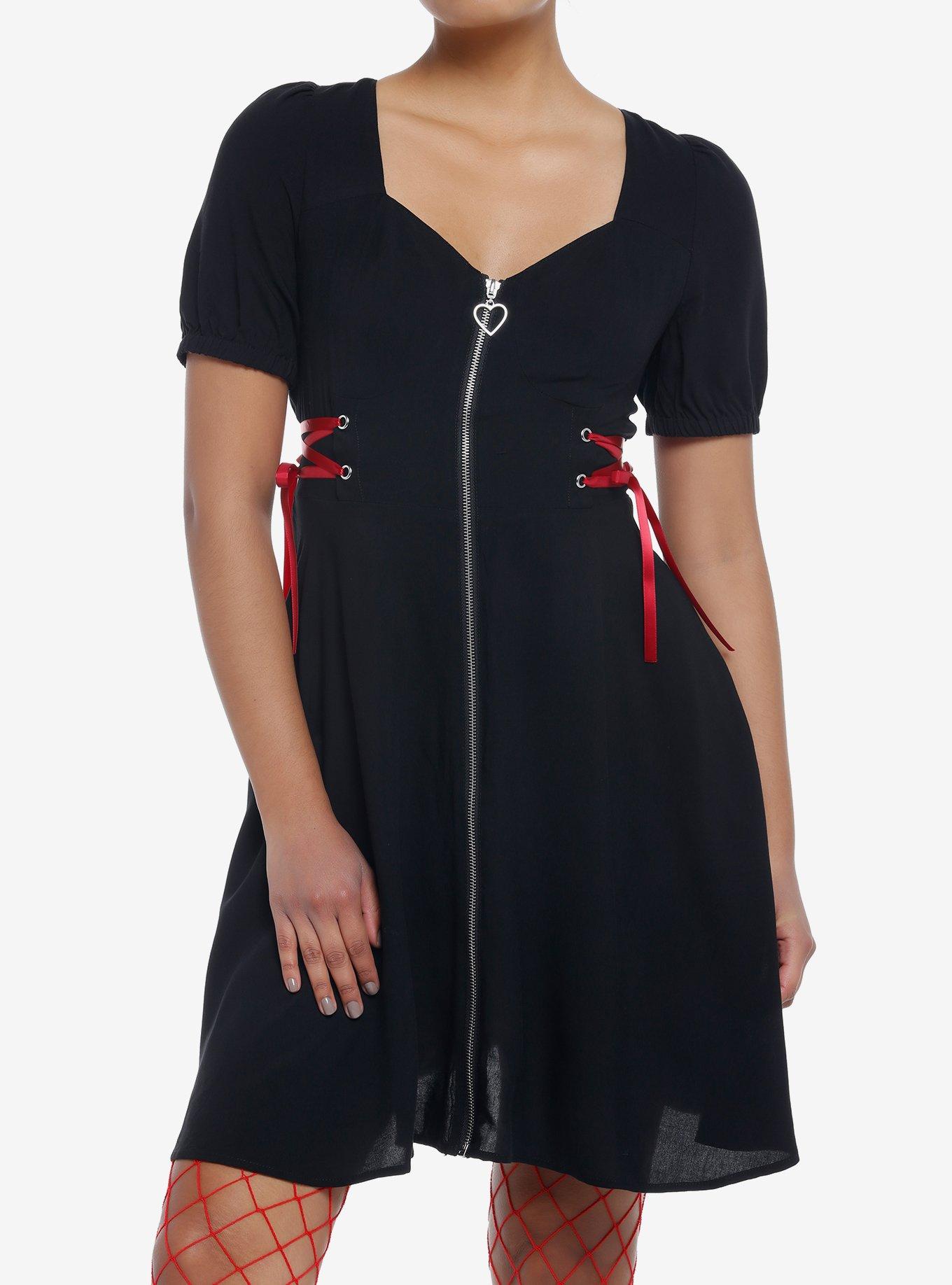 Black Front Zipper Lace-Up Dress, BLACK, hi-res