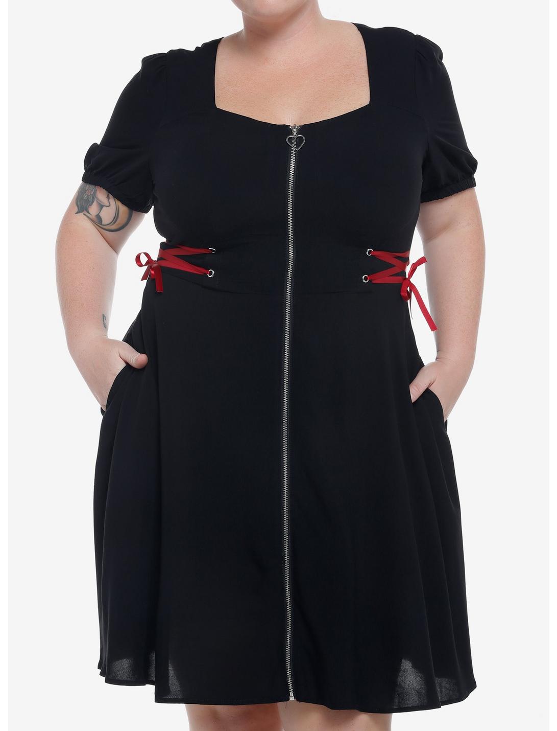 Black Front Zipper Lace-Up Dress Plus Size, BLACK, hi-res