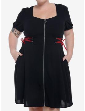 Plus Size Black Front Zipper Lace-Up Dress Plus Size, , hi-res