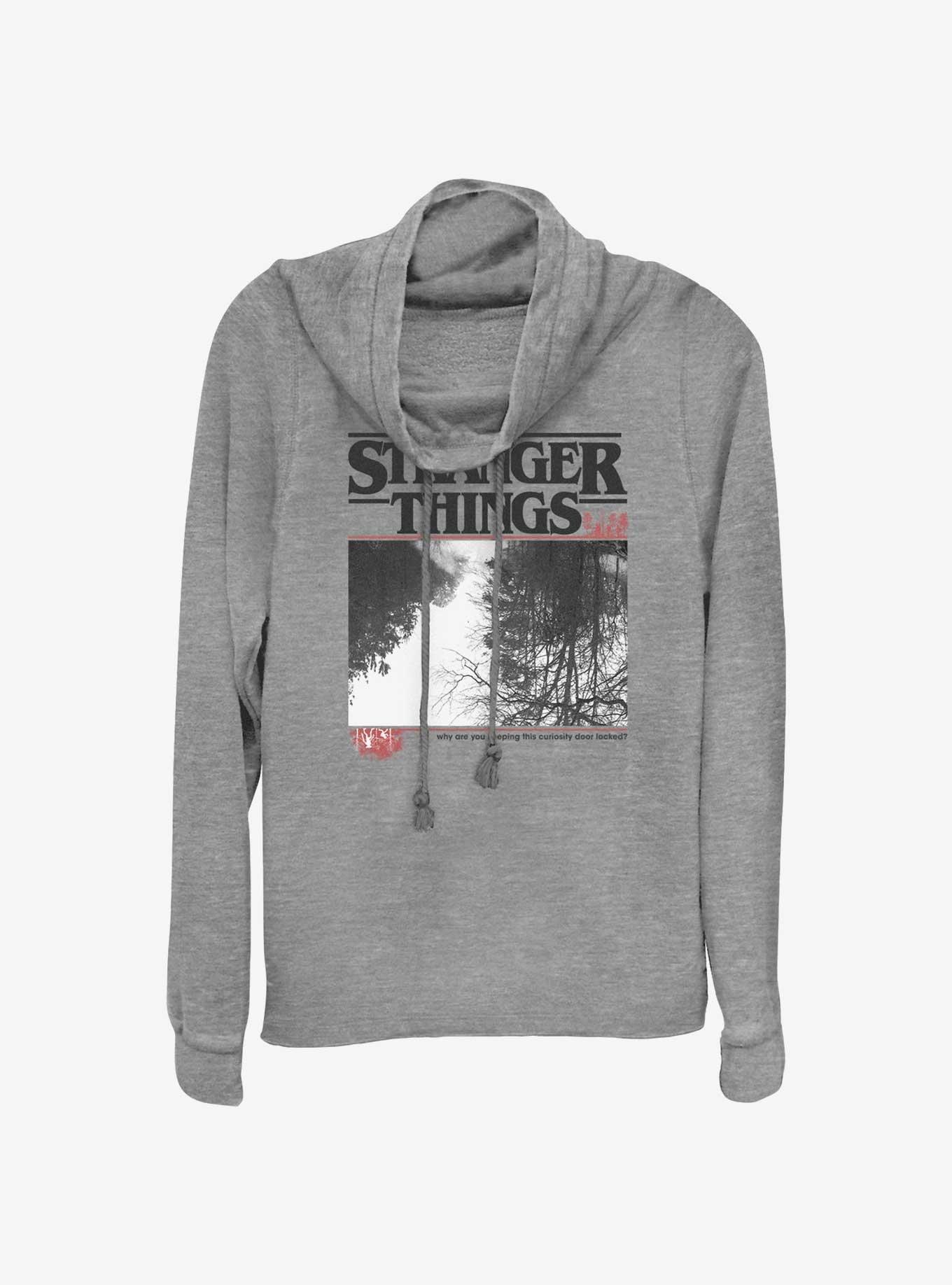 Stranger Things Forest Photo Logo Cowl Neck Long-Sleeve Top, GRAY HTR, hi-res