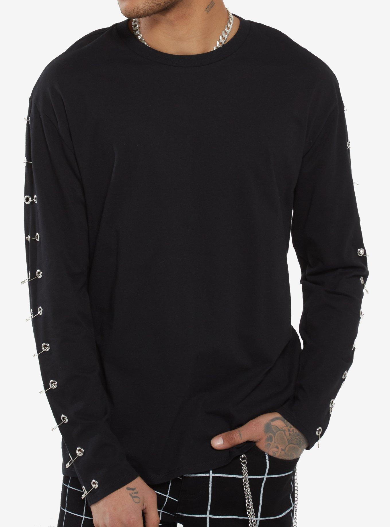 Black Grommet Safety Pin Long-Sleeve T-Shirt, BLACK, hi-res