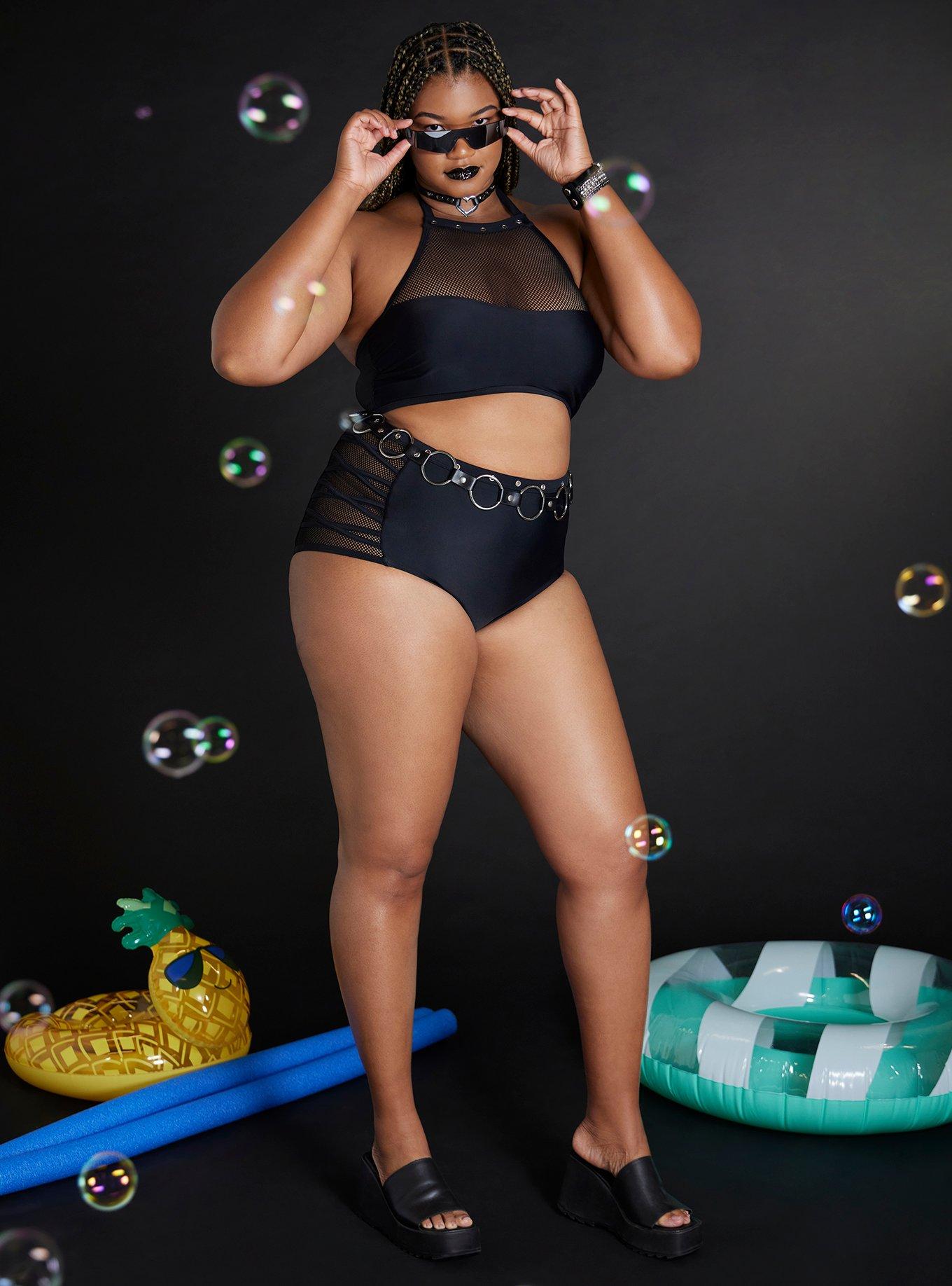 Black Fishnet Grommet Swim Bottoms Plus Size