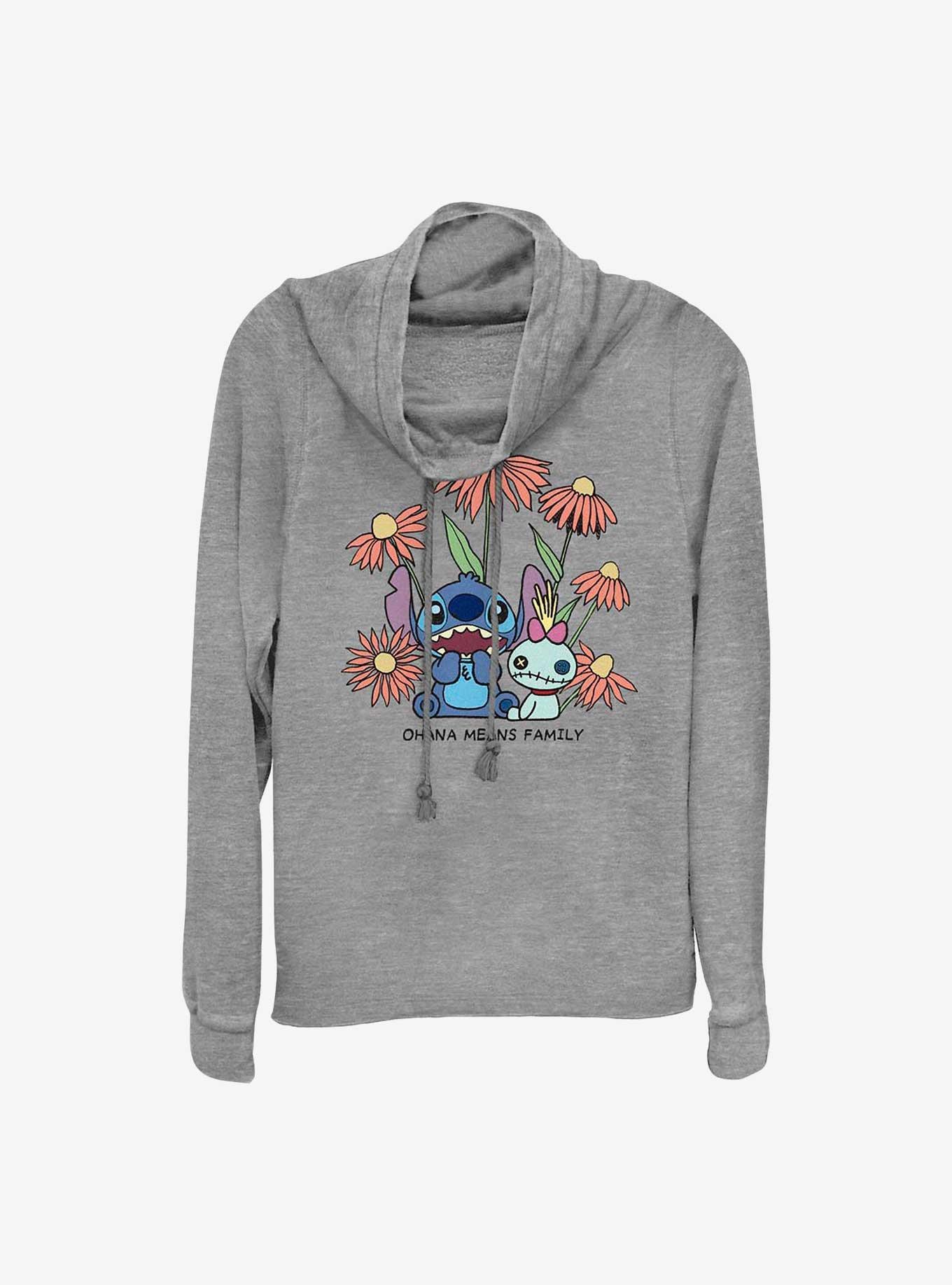 Disney Lilo & Stitch Chibi Floral Cowl Neck Long-Sleeve Top, GRAY HTR, hi-res