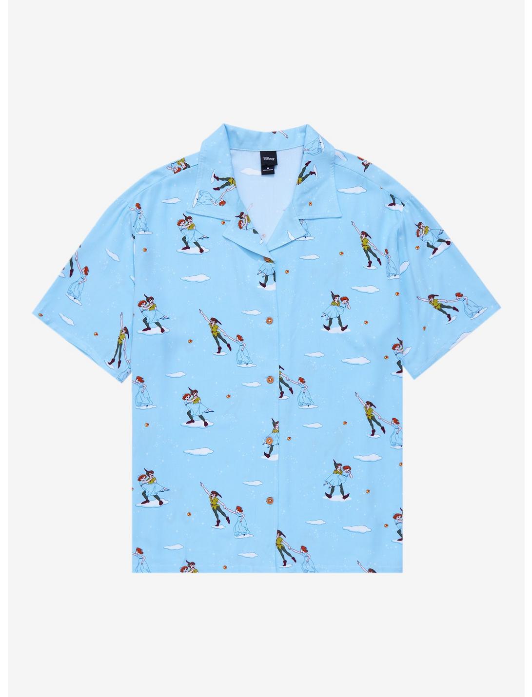 Disney Peter Pan Flying Allover Print Woven Button-Up - BoxLunch Exclusive, LIGHT BLUE, hi-res
