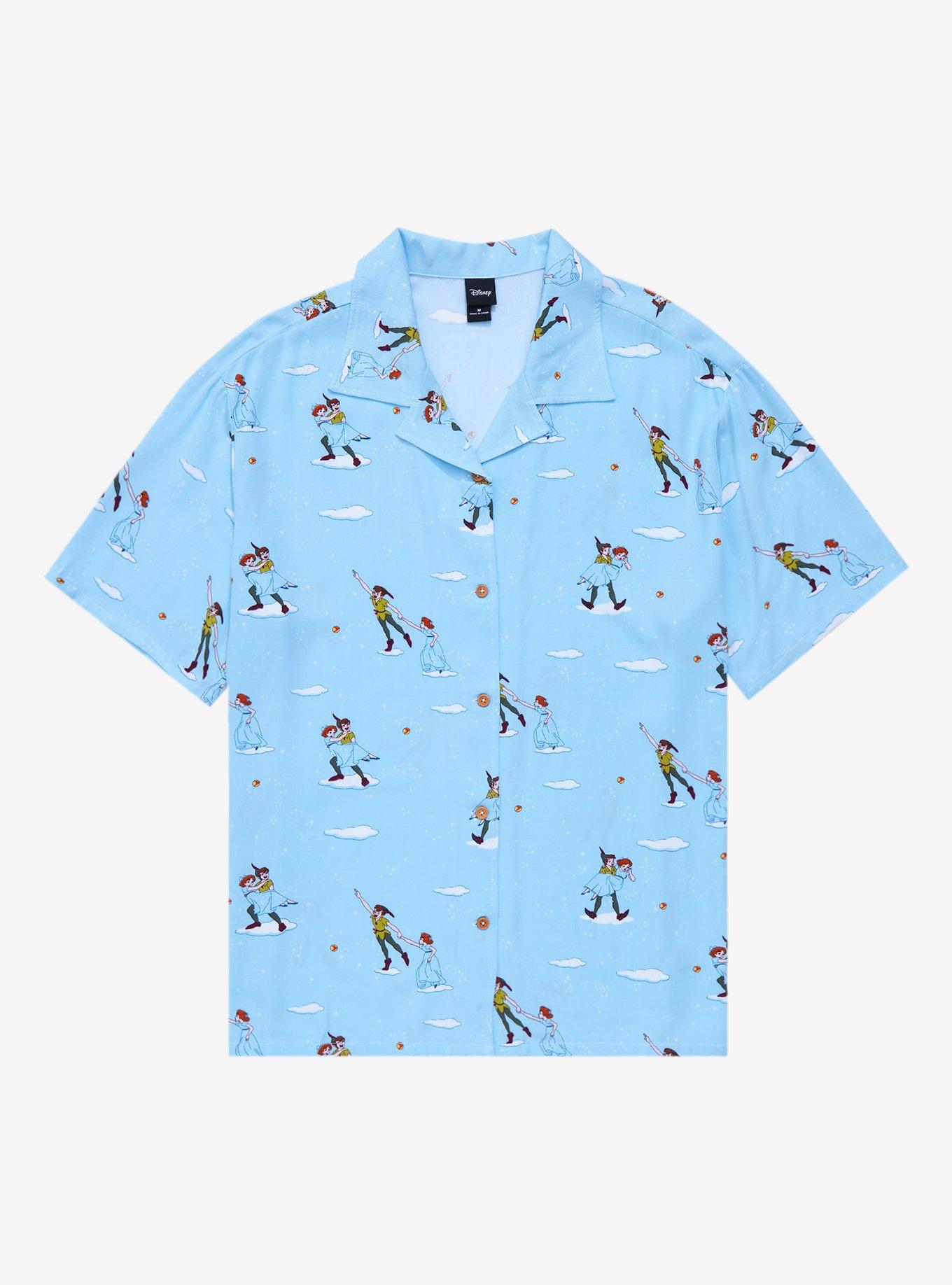 Disney Peter Pan Flying Allover Print Woven Button-Up - BoxLunch Exclusive, LIGHT BLUE, hi-res