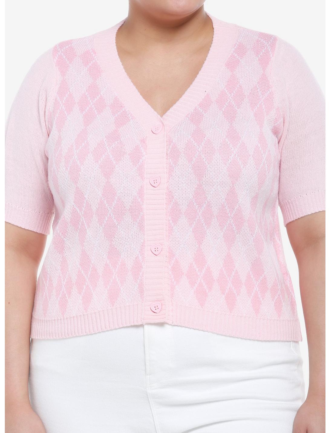 Pink Argyle Girls Crop Cardigan Plus Size, PINK, hi-res