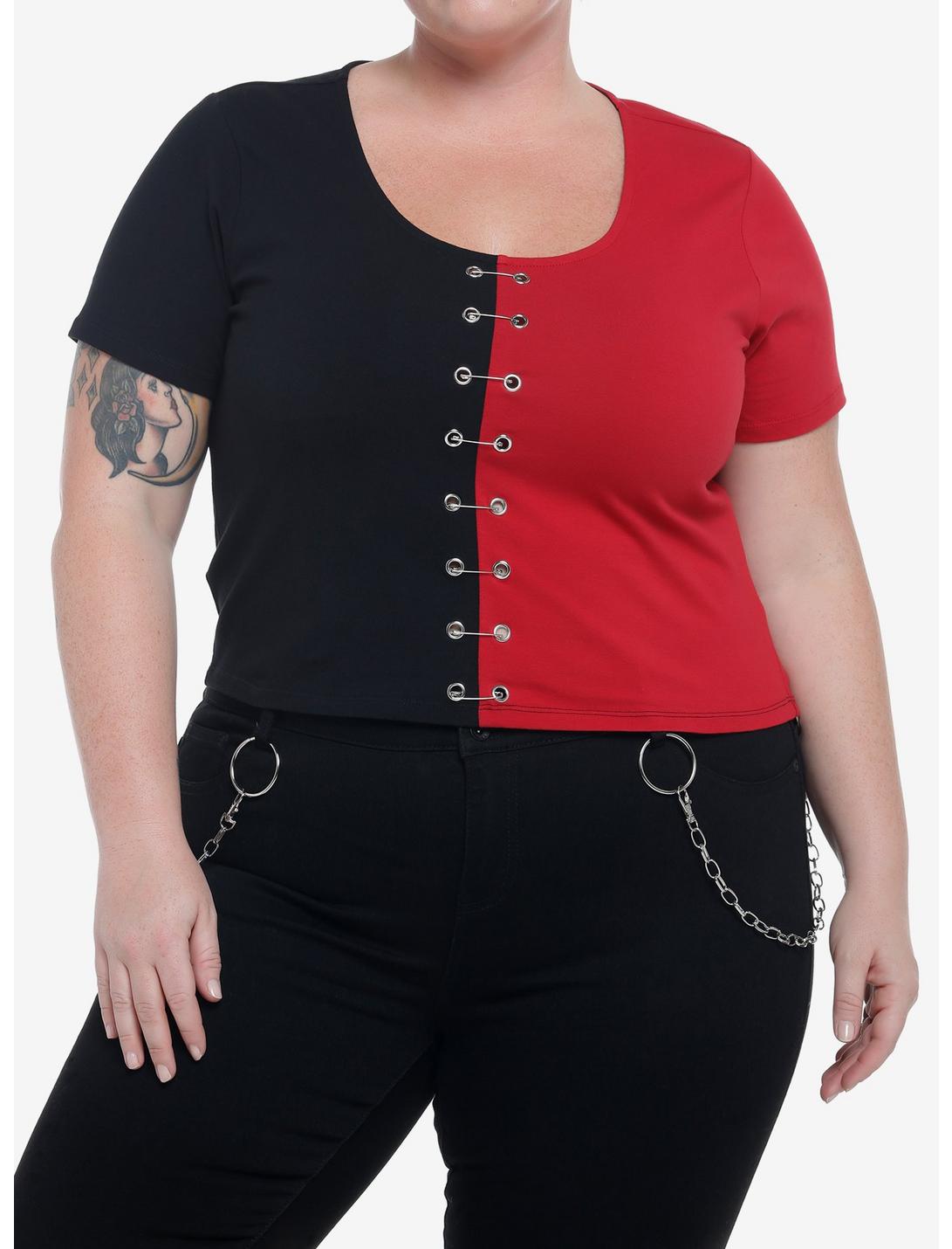 Red & Black Safety Pin Split Girls Crop T-Shirt Plus Size, SPLIT SOLID, hi-res