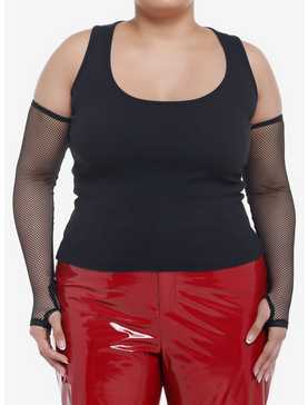 Black Mesh Cold Shoulder Girls Crop Tank Top Plus Size, , hi-res