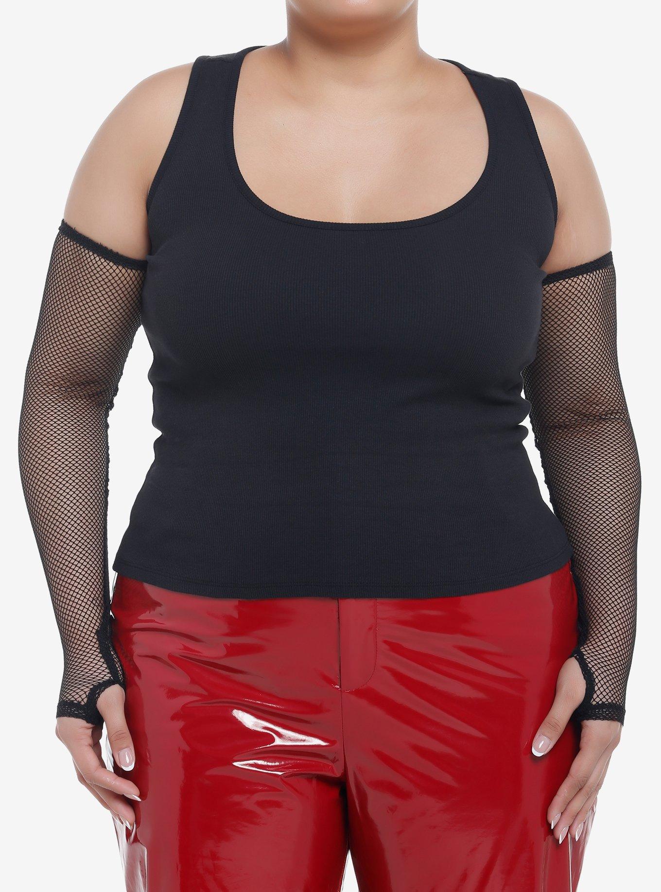 Black Mesh Cold Shoulder Girls Crop Tank Top Plus Size, , hi-res
