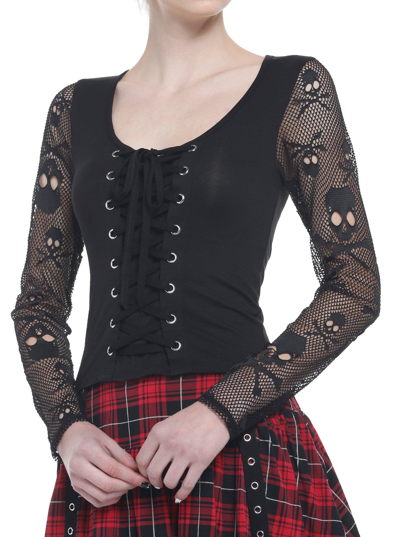 Skull Fishnet Lace-Up Girls Long-Sleeve Top, BLACK, hi-res