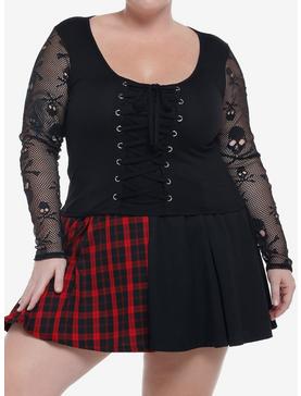 Skull Fishnet Lace-Up Long-Sleeve Top Plus Size, , hi-res