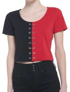 Red & Black Safety Pin Split Girls Crop T-Shirt, , hi-res