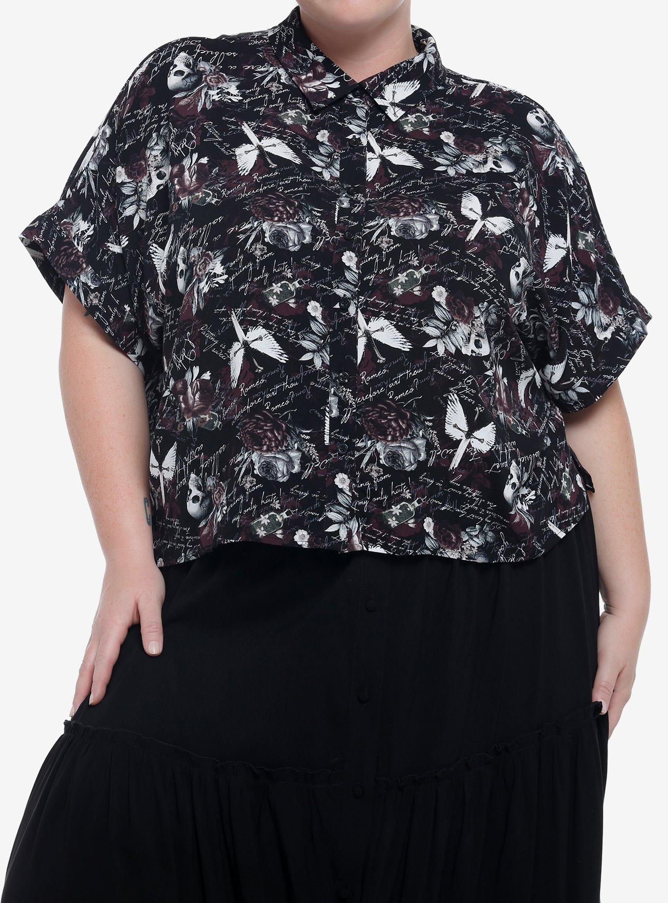 Dark Romance Script Boxy Girls Crop Woven Button-Up Plus Size, MULTI, hi-res