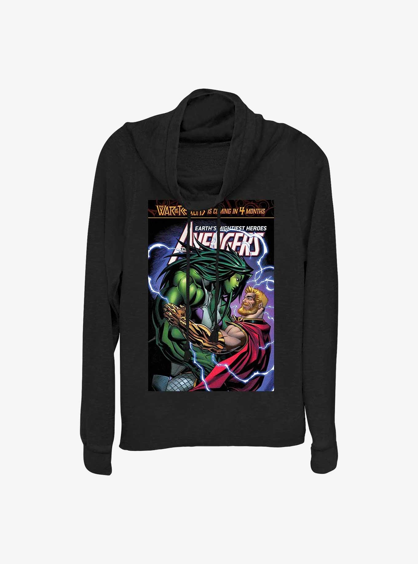 Marvel She Hulk And Thor Embrace Cowl Neck Long-Sleeve Girls Top, BLACK, hi-res
