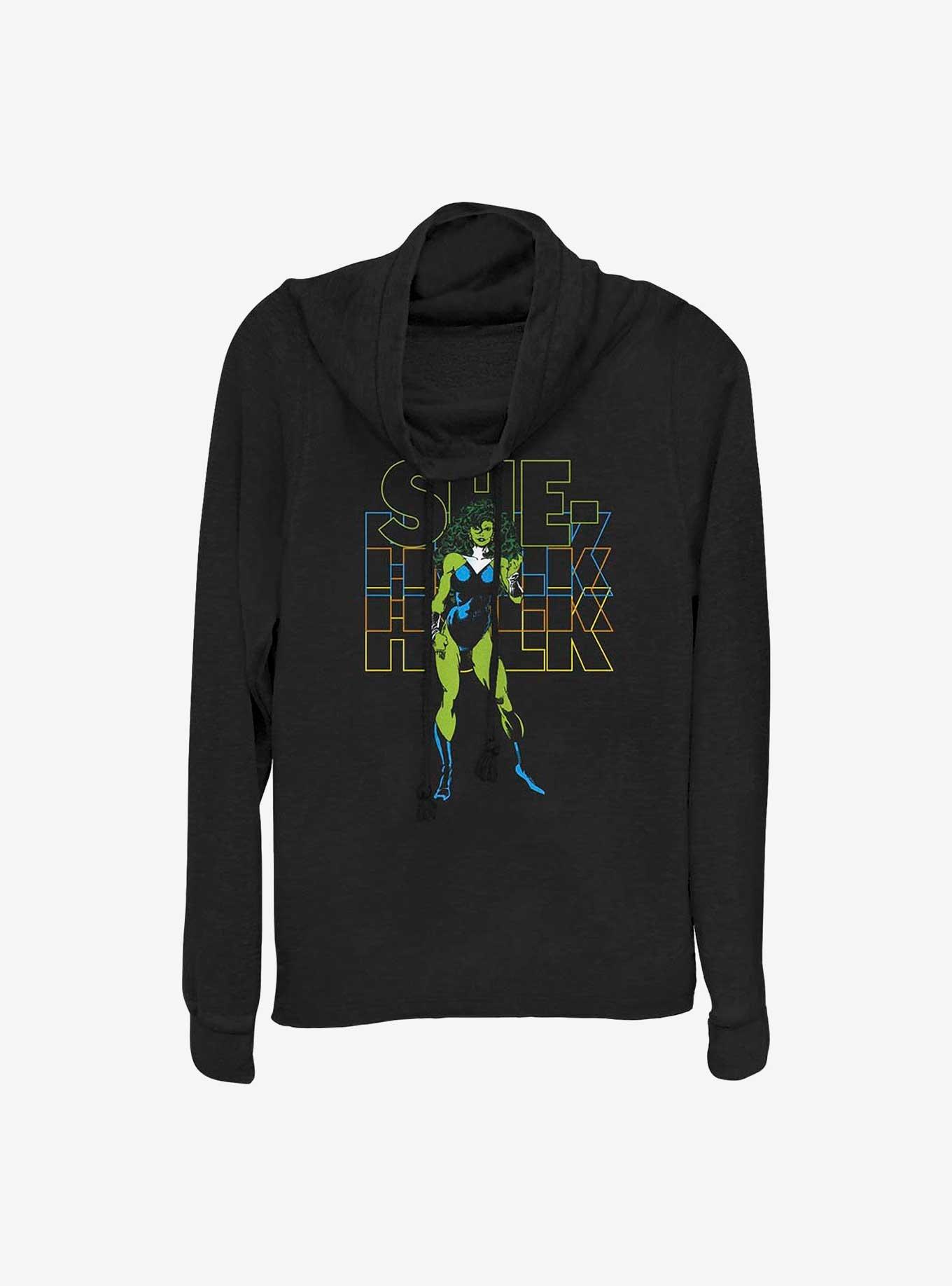 Marvel She Hulk Stacked Block Logo Cowl Neck Long-Sleeve Girls Top, BLACK, hi-res