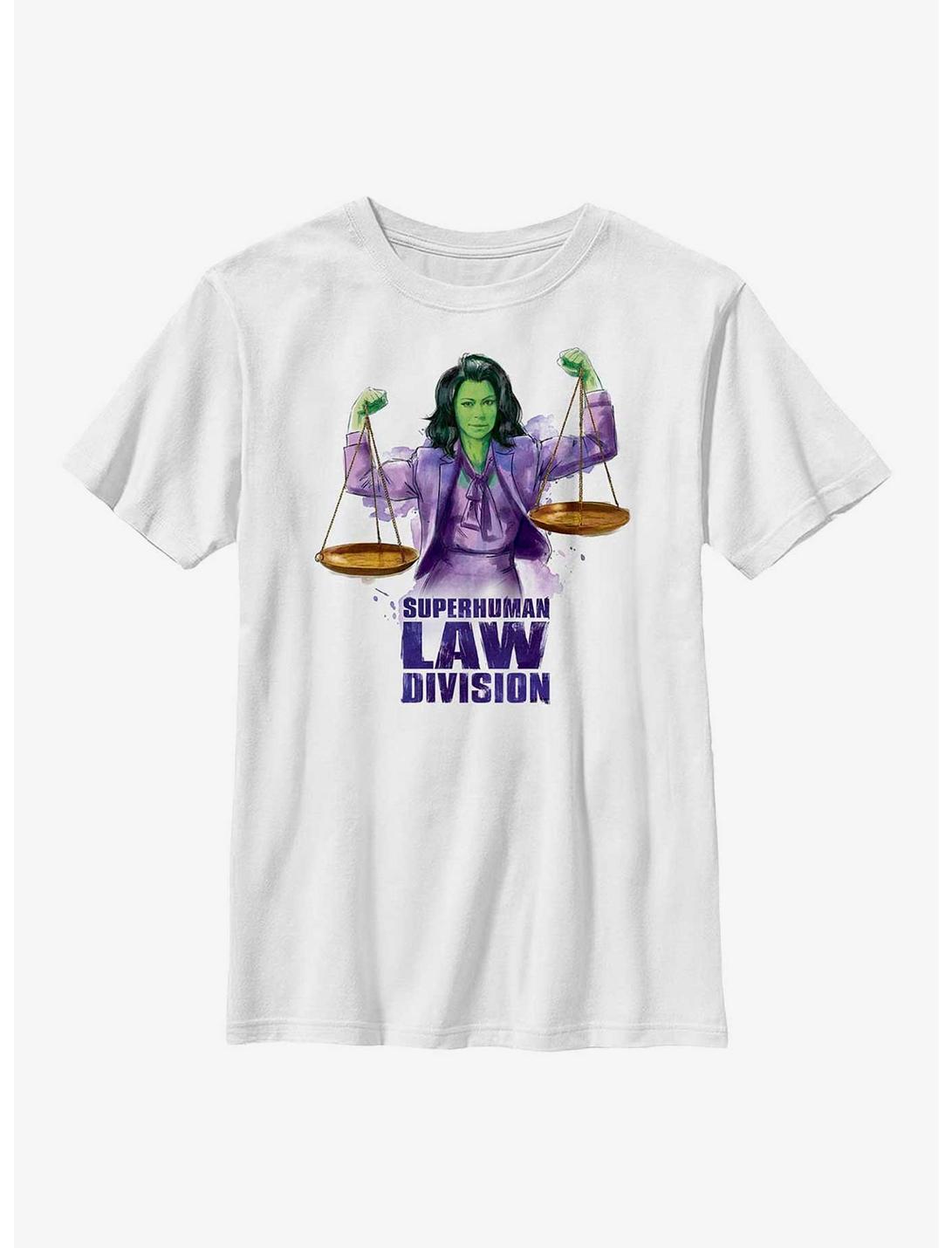 Marvel She-Hulk Superhuman Law Scales Youth T-Shirt, WHITE, hi-res