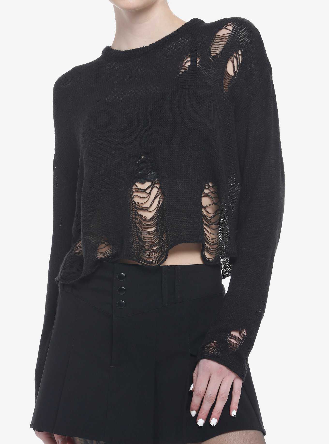 Black Distressed Girls Crop Sweater, , hi-res