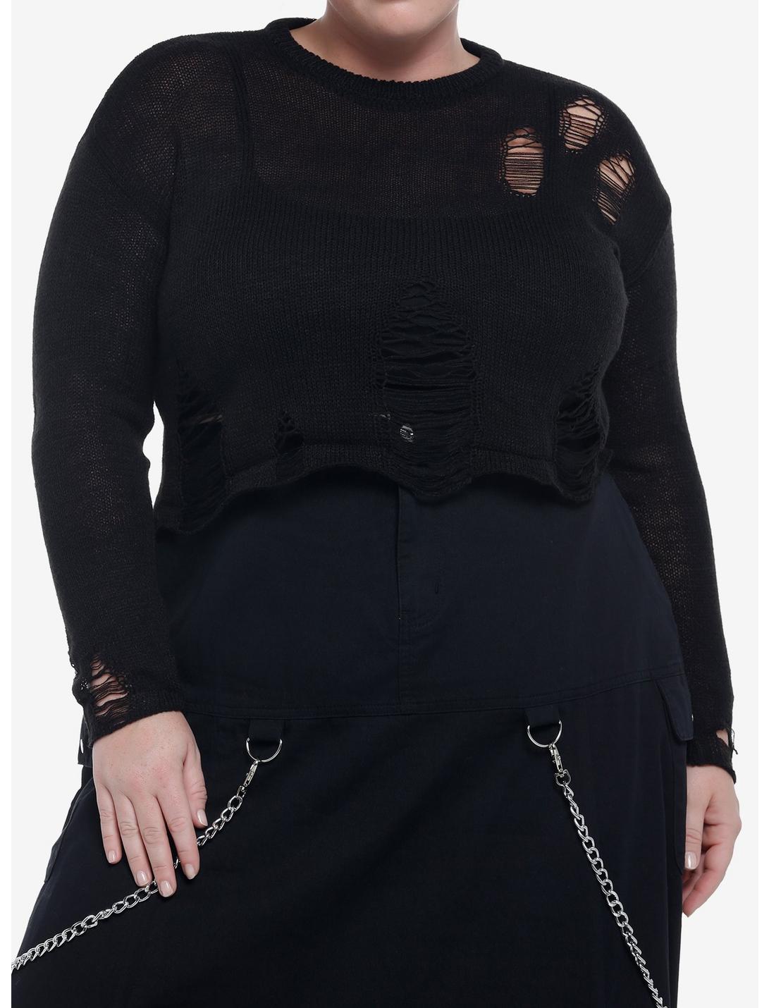 Black Distressed Girls Crop Sweater Plus Size, BLACK, hi-res