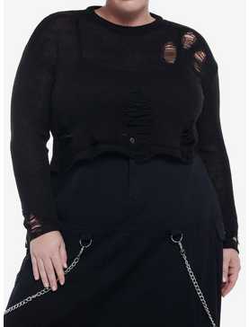 Black Distressed Girls Crop Sweater Plus Size, , hi-res