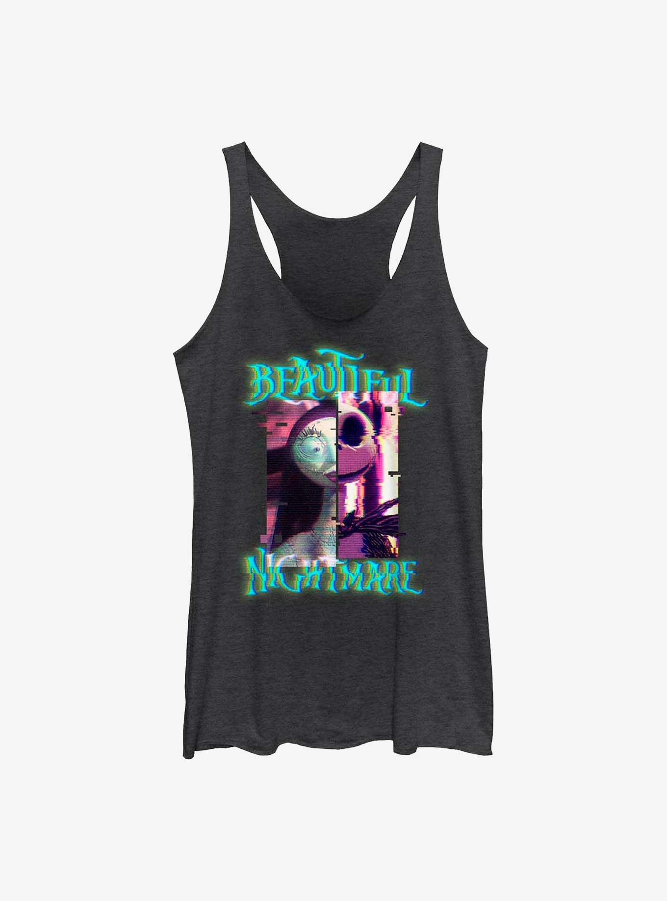 The Nightmare Before Christmas Jack & Sally Glitchy Beautiful Nightmare Girls Tank Top, BLK HTR, hi-res