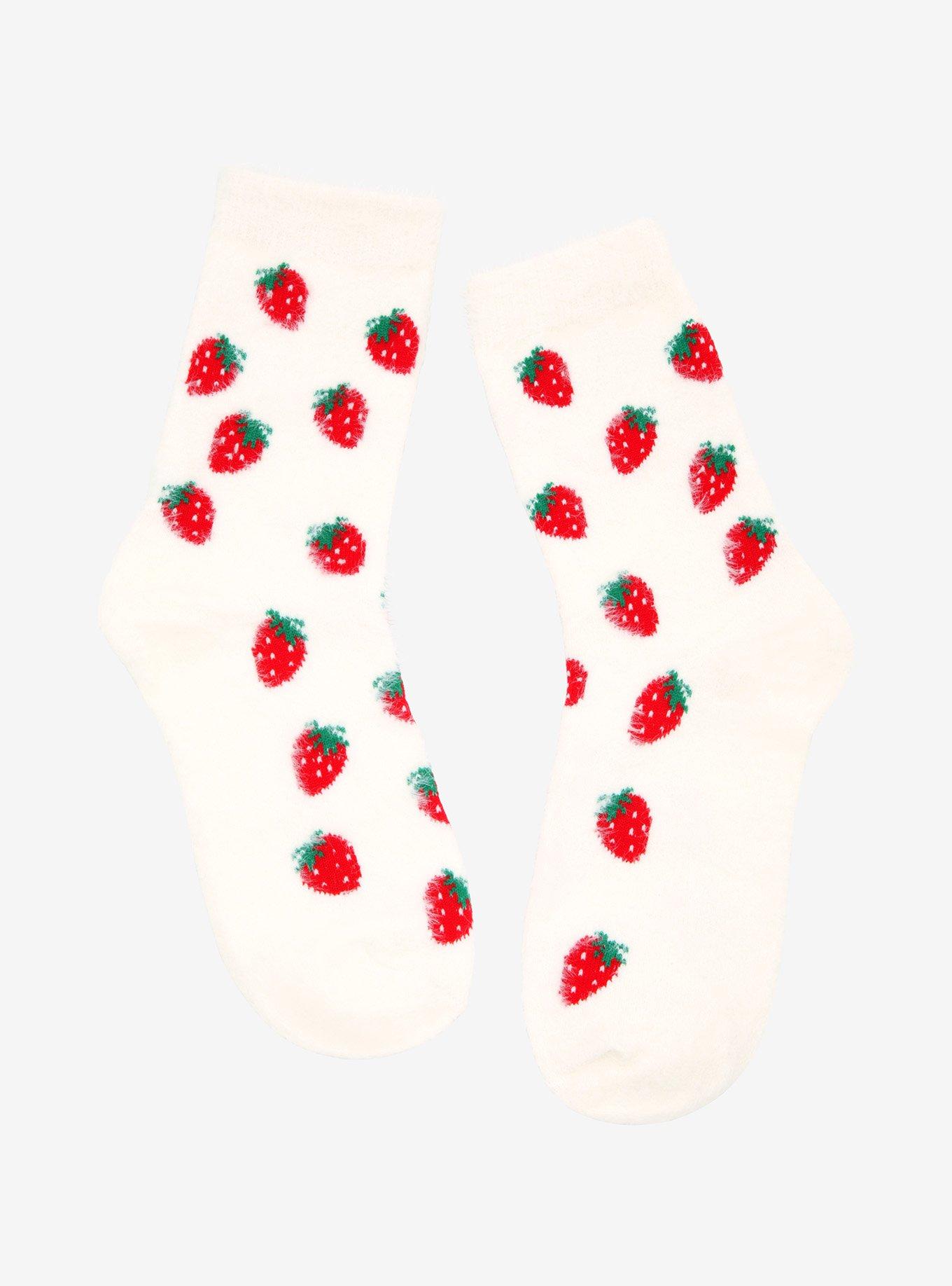 Cream Strawberry Fuzzy Crew Socks, , hi-res