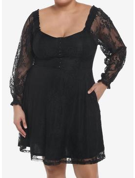 Black Rose Lace Romantic Corset Long-Sleeve Dress Plus Size, , hi-res