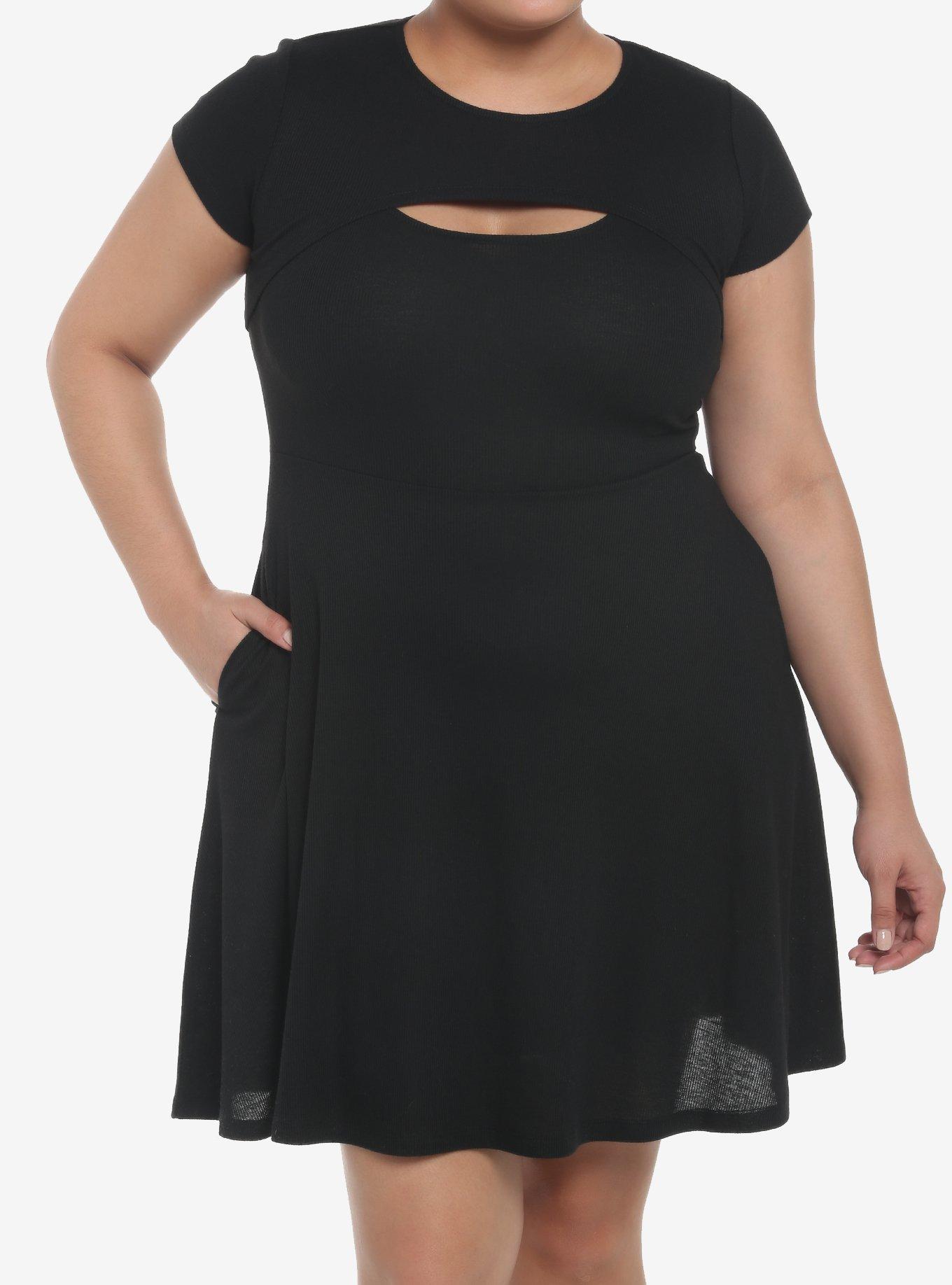 Black Cutout Twofer Skater Dress Plus Size, BLACK, hi-res