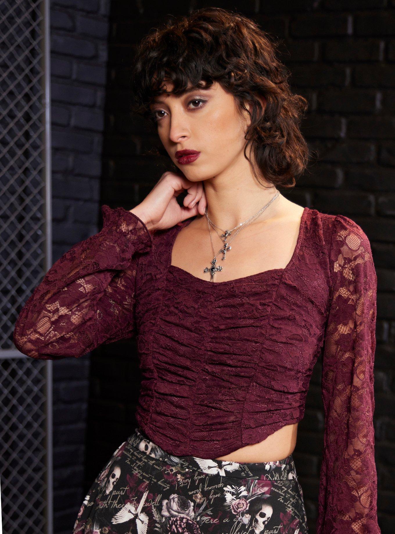Maroon Lace Poet Long-Sleeve Crop Top, MULTI, hi-res