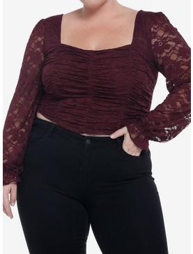 Maroon Lace Poet Long-Sleeve Crop Top Plus Size, , hi-res