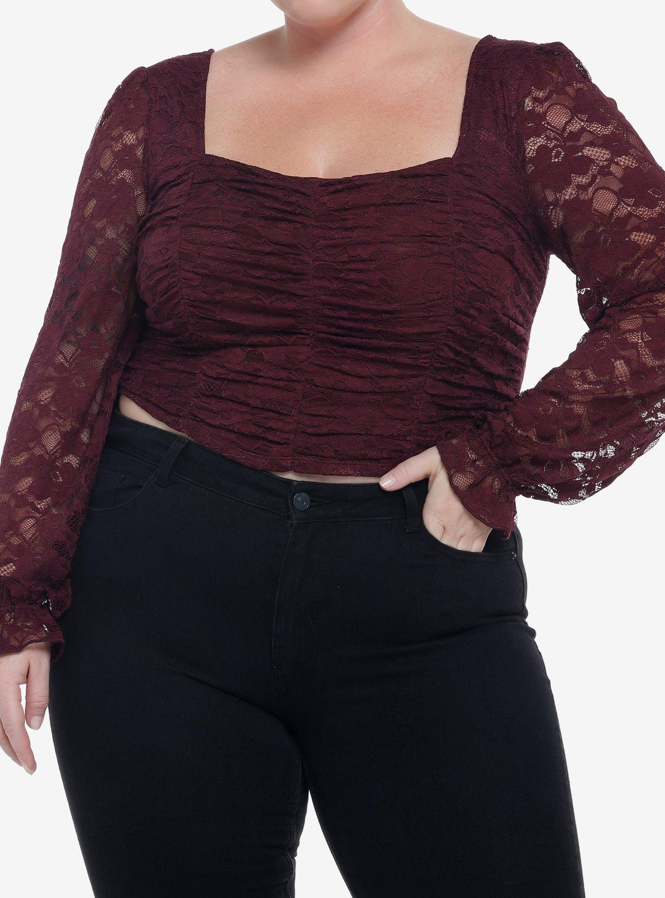 Maroon Lace Poet Long-Sleeve Crop Top Plus Size, MULTI, hi-res