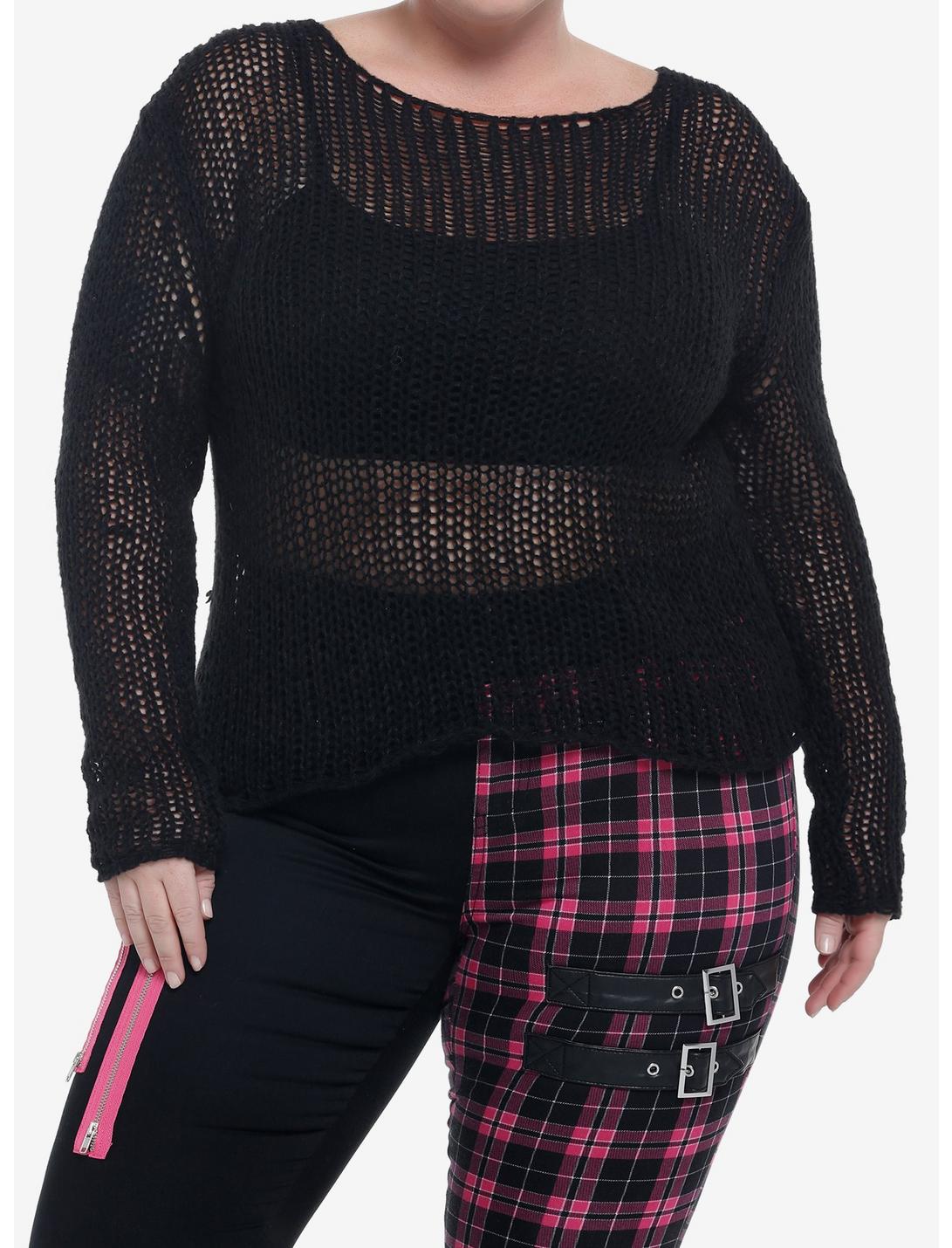 Black Open Knit Crop Sweater Plus Size, BLACK, hi-res