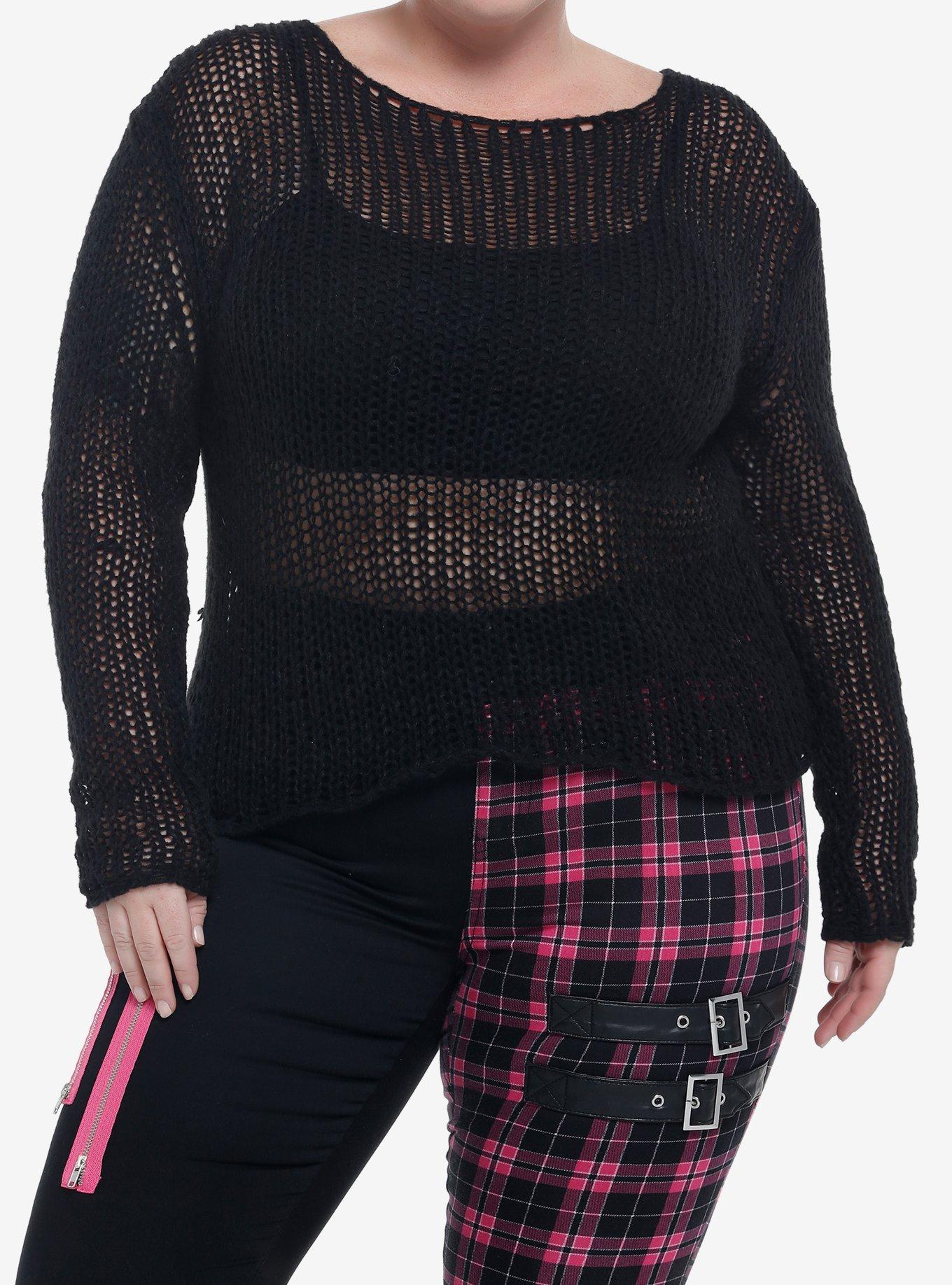 Black Open Knit Crop Sweater Plus Size, BLACK, hi-res