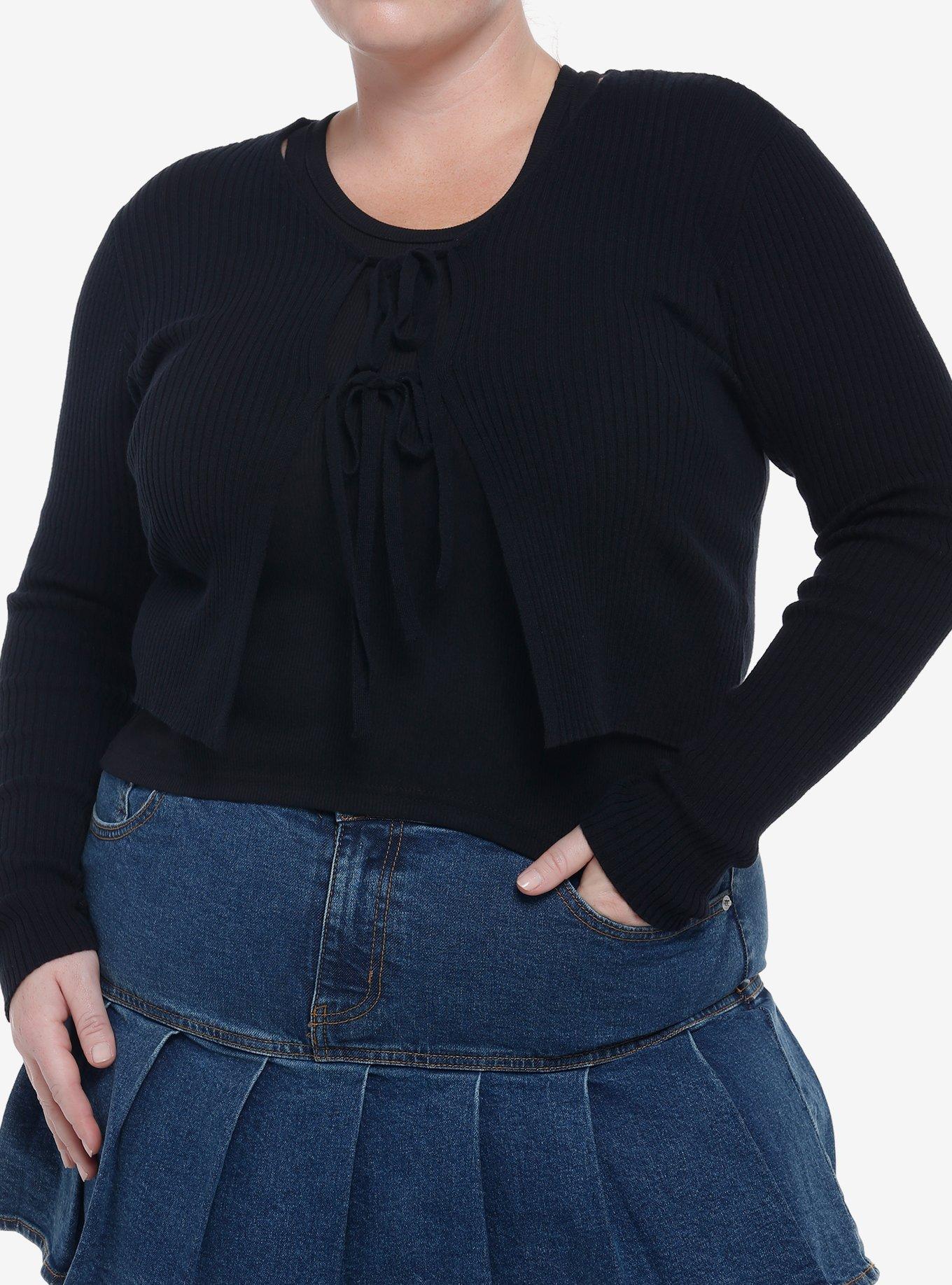 Black Double Tie-Front Crop Cardigan Plus Size, BLACK, hi-res