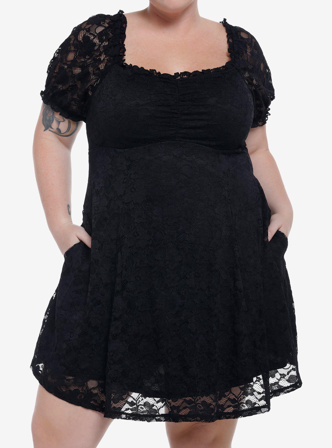 Black Lace Babydoll Dress Plus Size, BLACK, hi-res