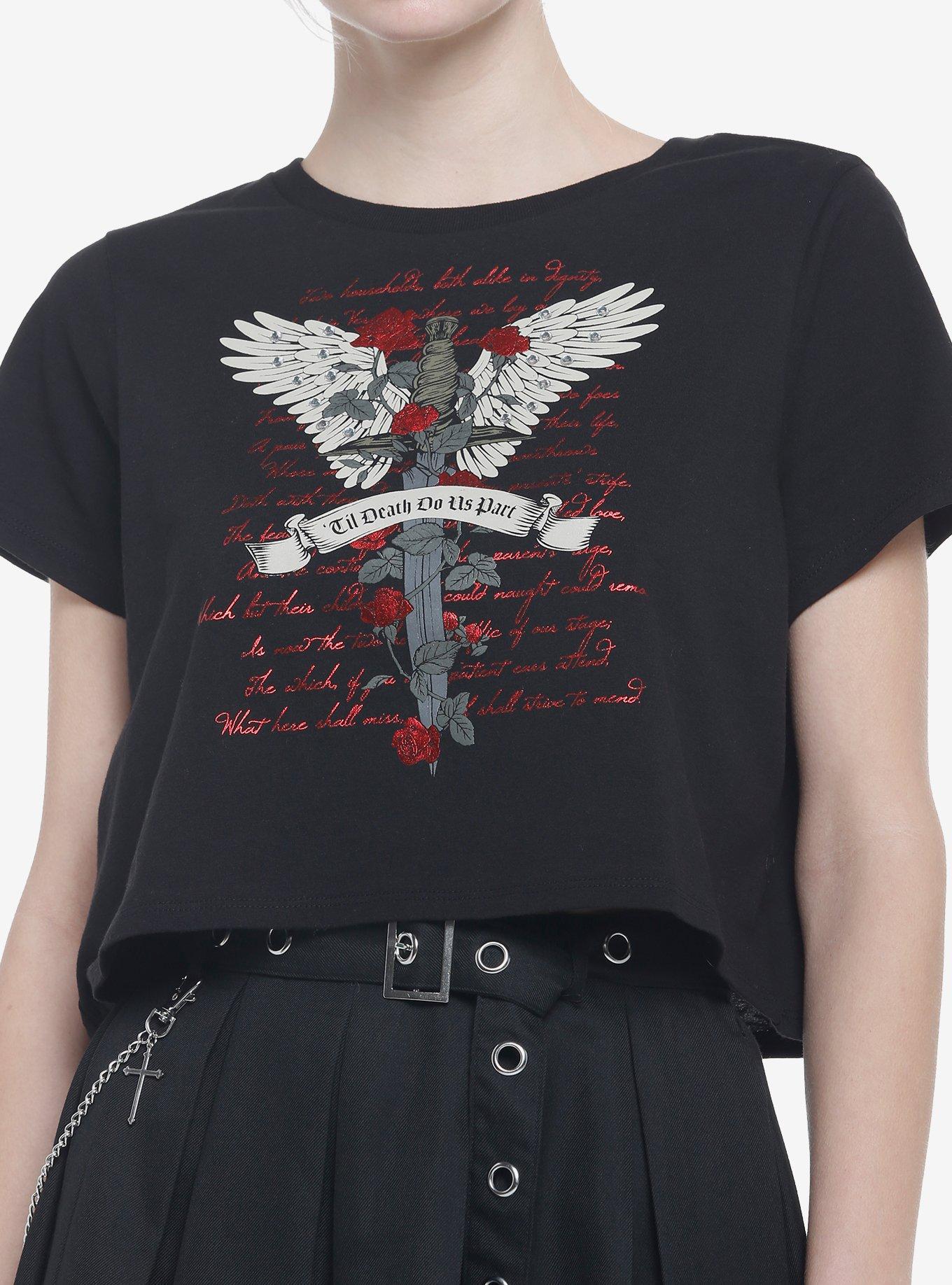Dark Romance Winged Dagger Boxy Girls Crop T-Shirt, BLACK, hi-res