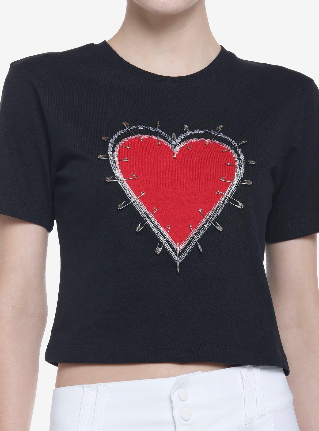 Red Heart & Safety Pins Crop Girls T-Shirt, BLACK, hi-res
