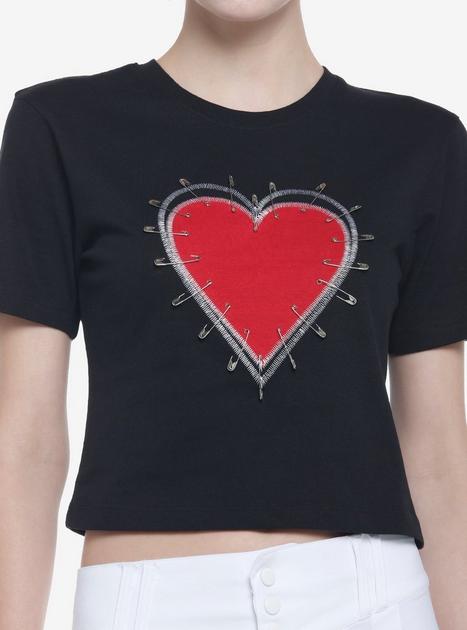 Red Heart & Safety Pins Crop Girls T-Shirt | Hot Topic
