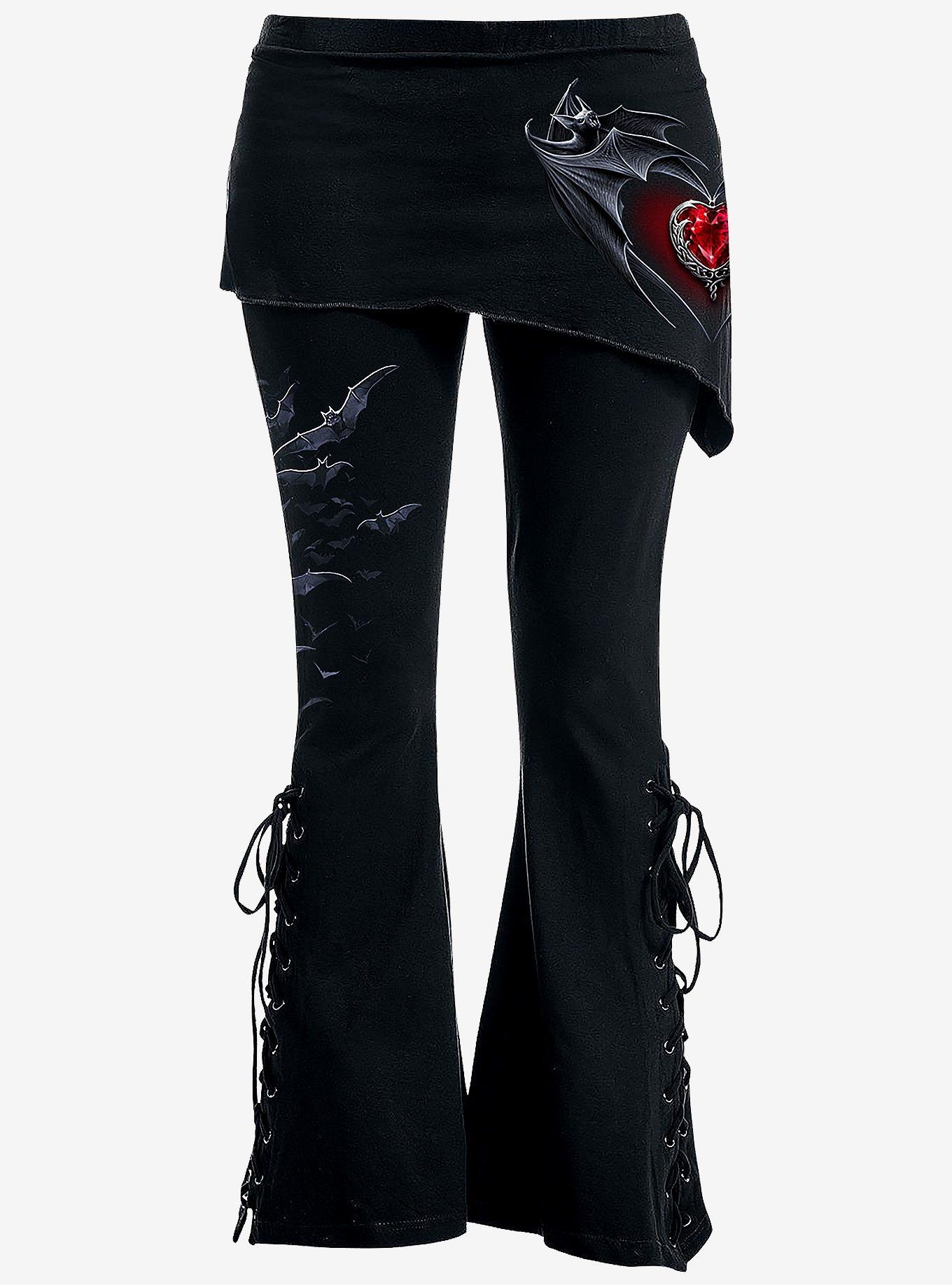 Bat's Heart Boot Cut Leggings With Slant Skirt, BLACK, hi-res