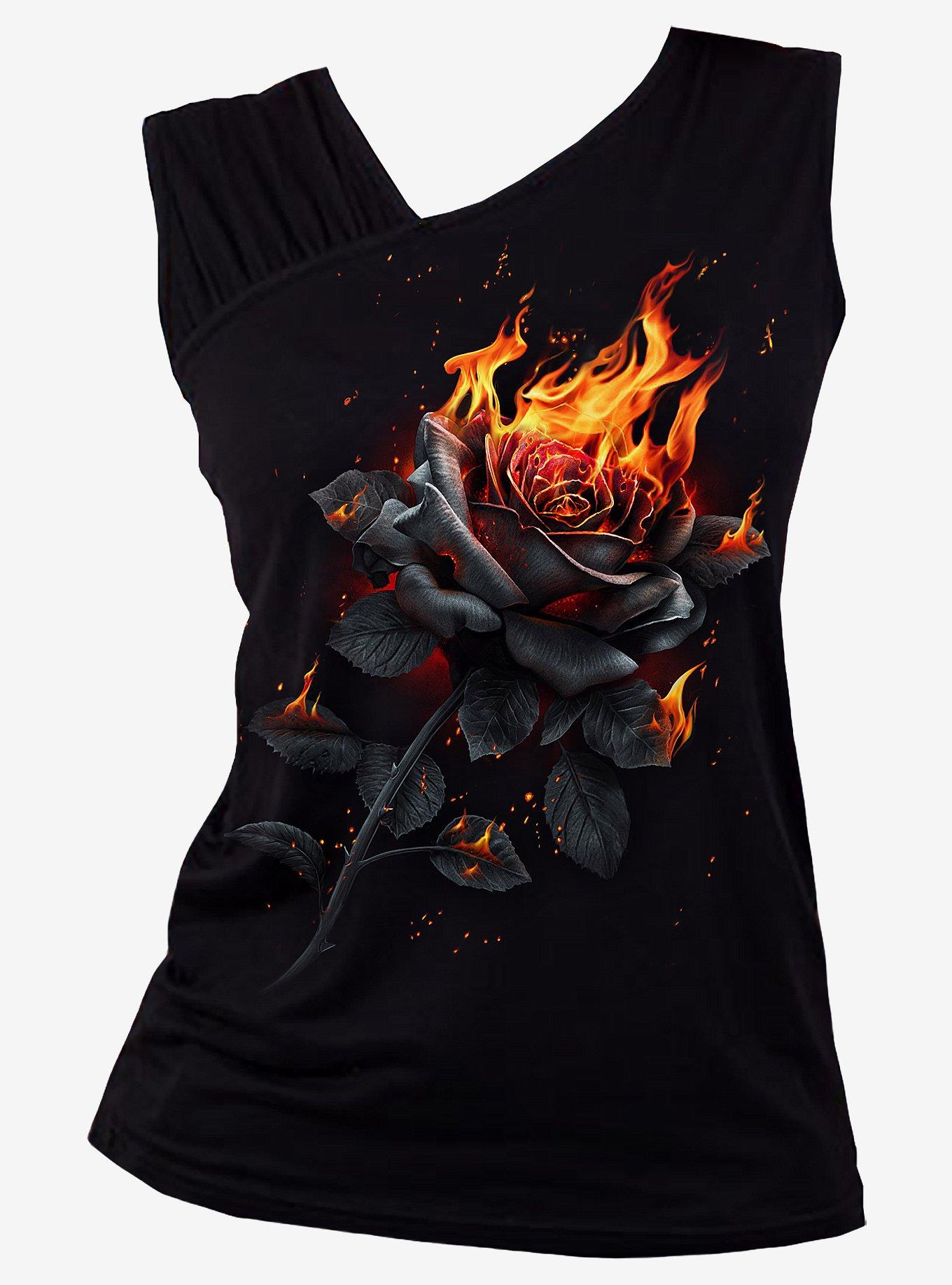 Flaming Rose Gathered Shoulder Slant Black Top, , hi-res