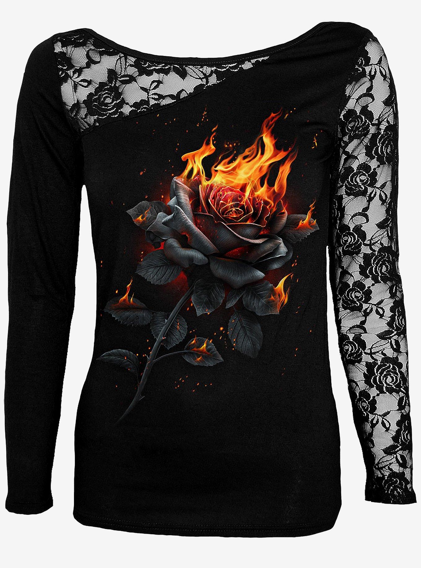 Flaming Rose Lace One Shoulder Black Top, BLACK, hi-res