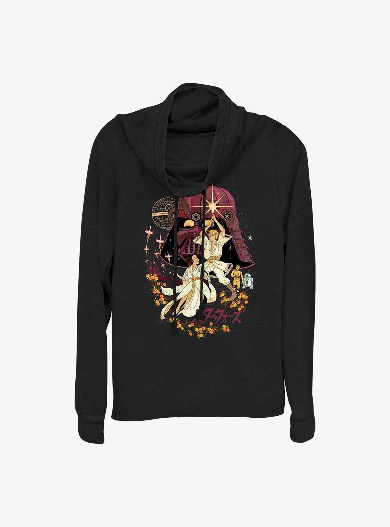 Star Wars Japanese Painting Style Luke and Leia Cowl Neck Long-Sleeve Top, BLACK, hi-res