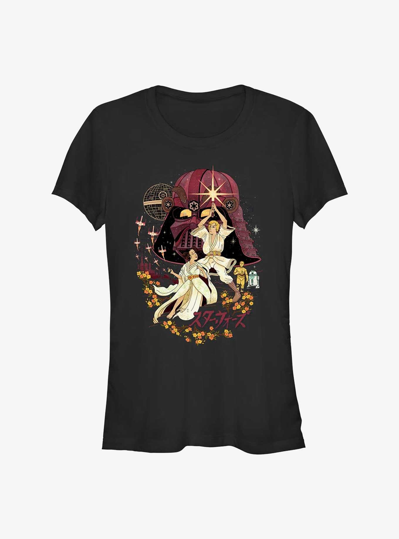 Star Wars Japanese Painting Style Luke and Leia Girls T-Shirt, BLACK, hi-res