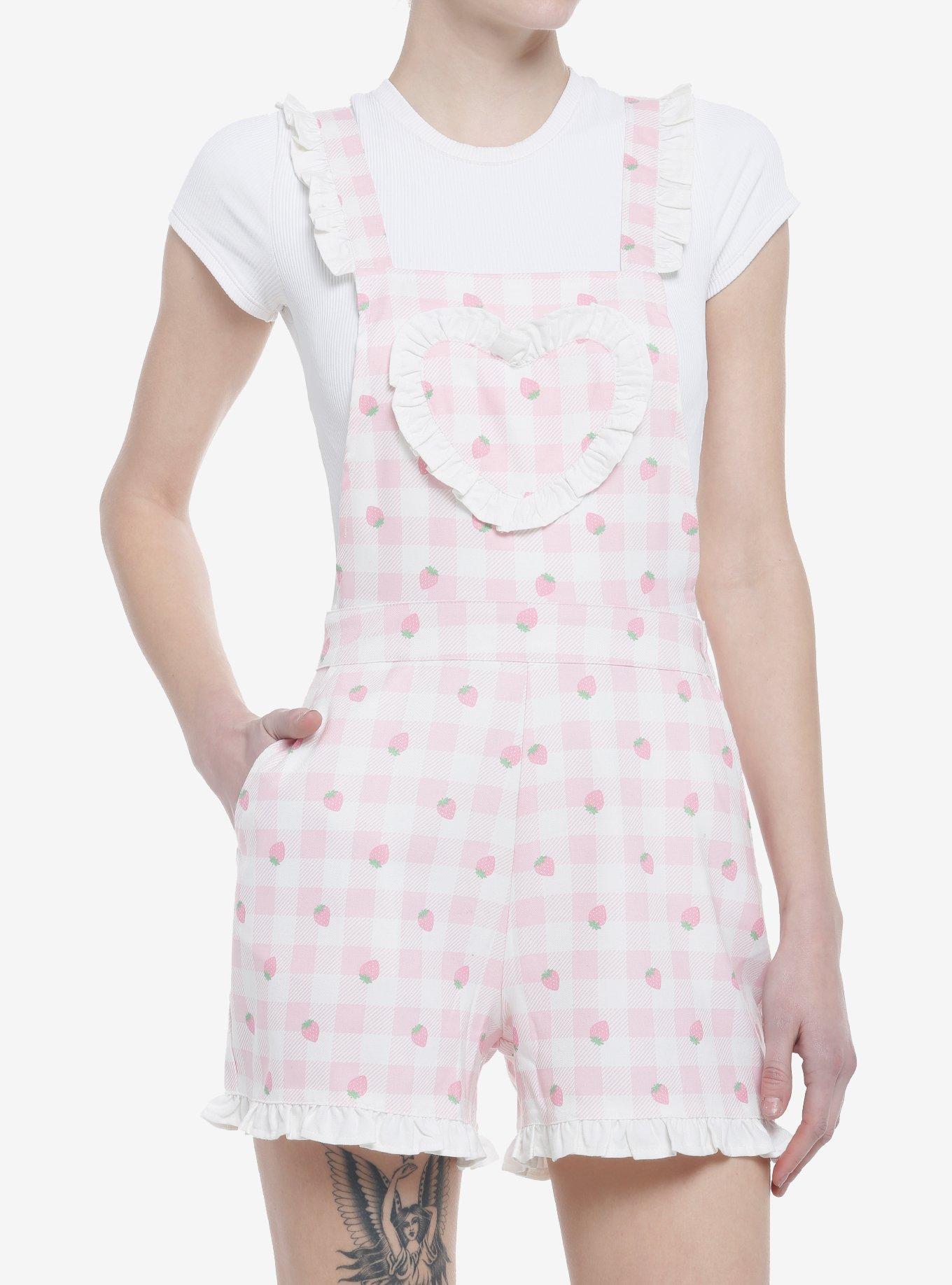 Pink Strawberry Gingham Heart Bib Girls Shortalls, PINK, hi-res