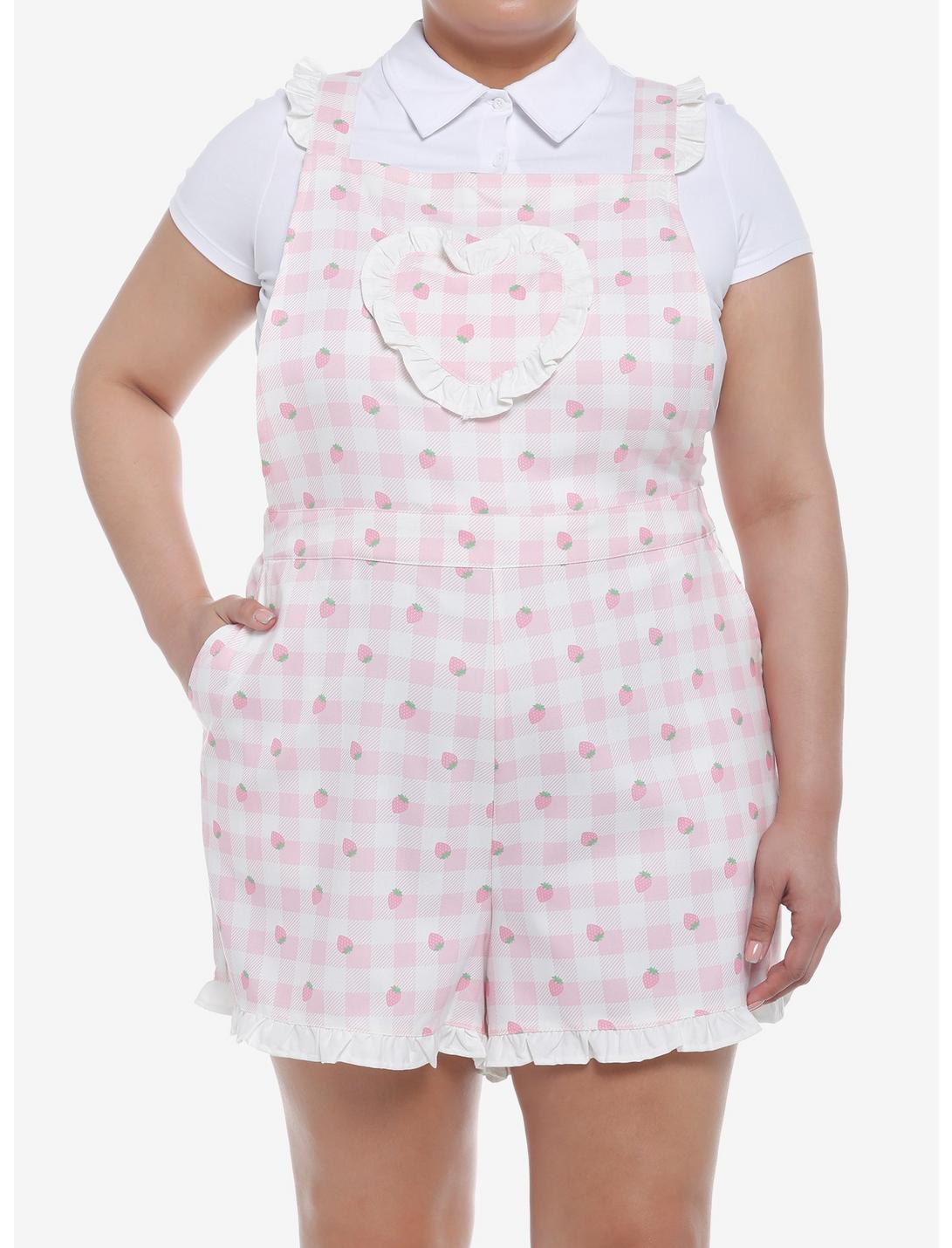 Pink Strawberry Gingham Heart Bib Girls Shortalls Plus Size, PINK, hi-res