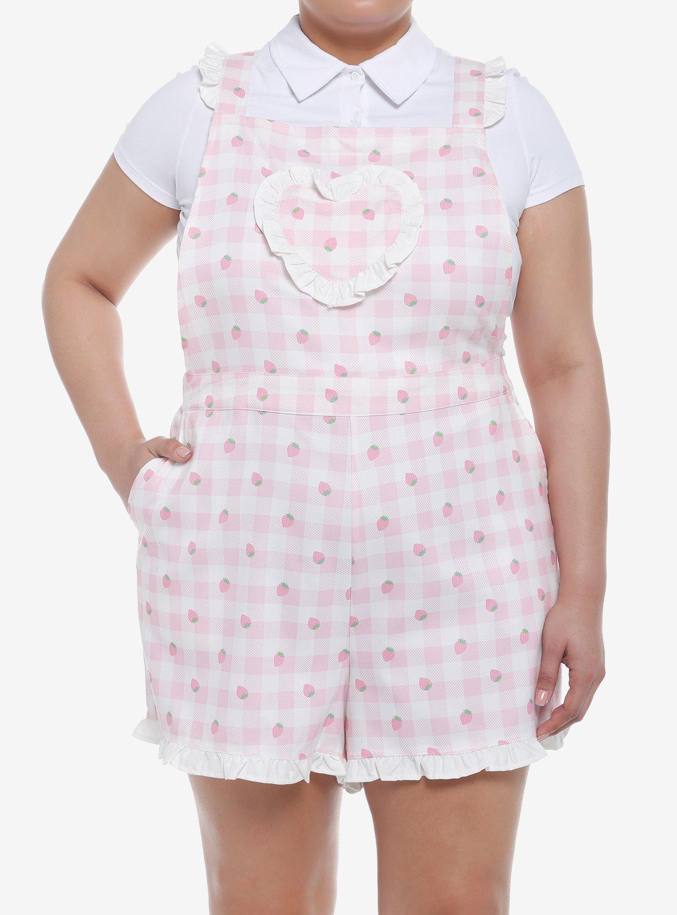 Pink Strawberry Gingham Heart Bib Girls Shortalls Plus Size, PINK, hi-res