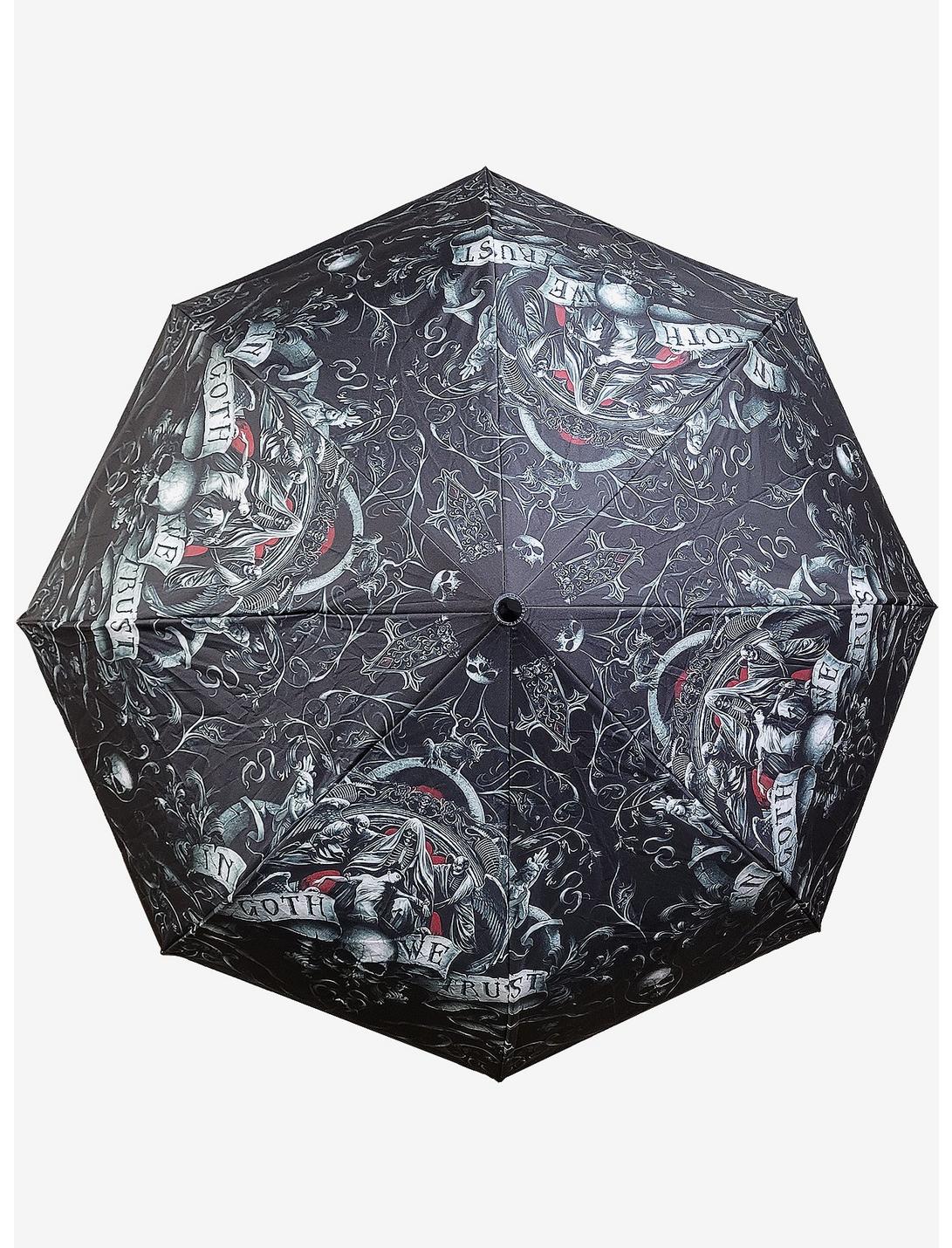 In Goth We Trust Compact Travel Umbrella, , hi-res