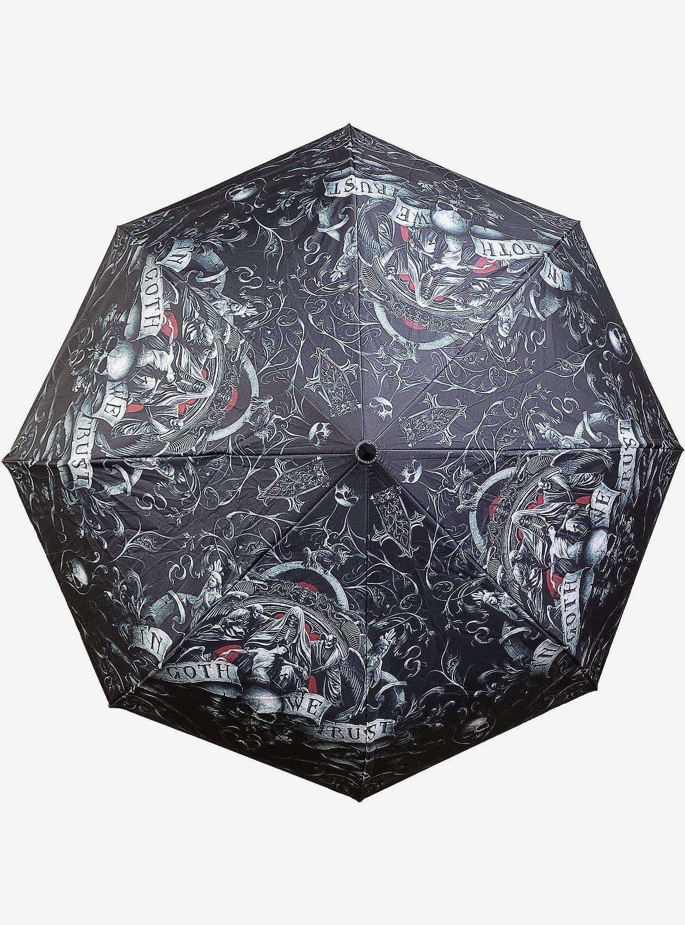 In Goth We Trust Compact Travel Umbrella, , hi-res